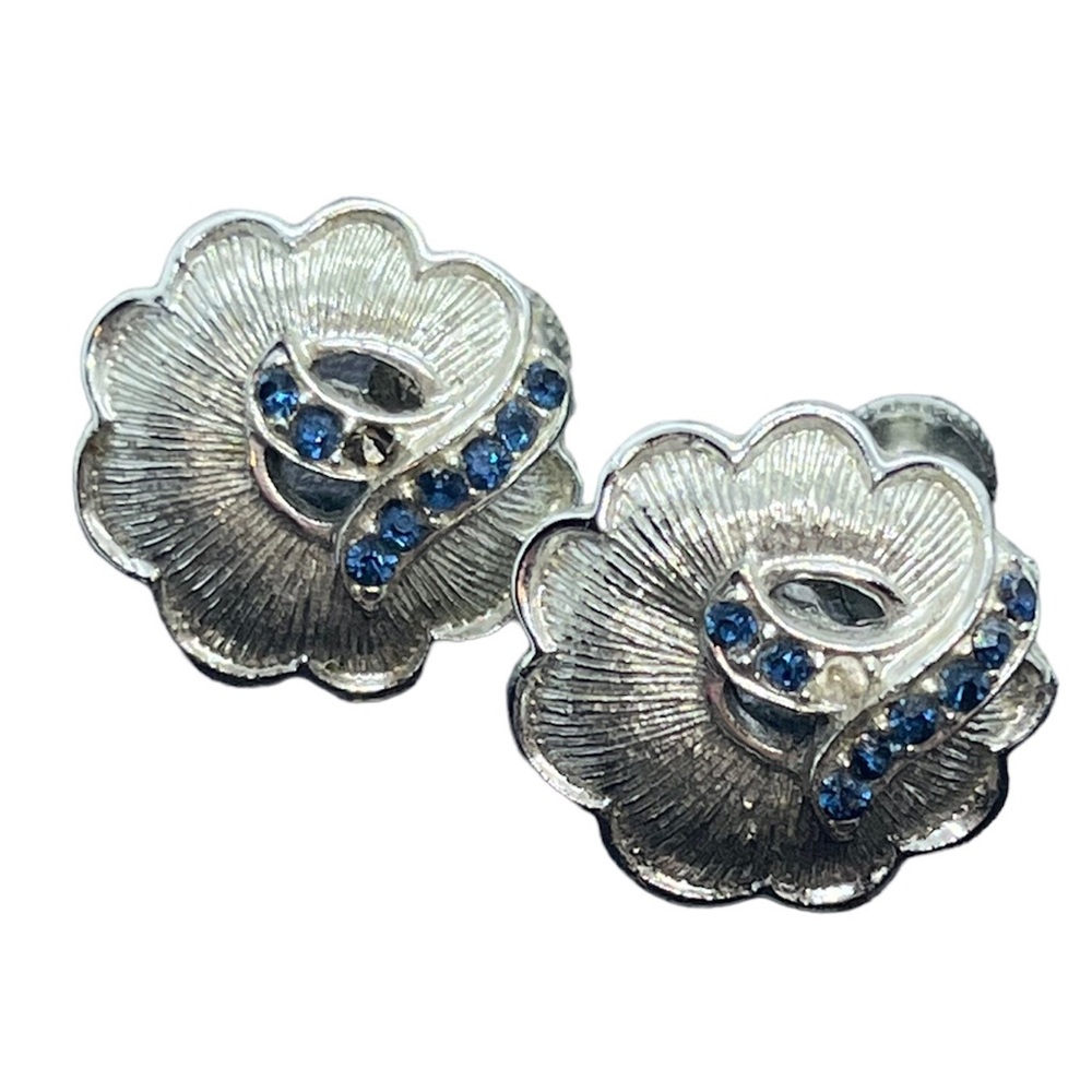 Longcraft vintage screw back silver tone blue rhinestone earrings
